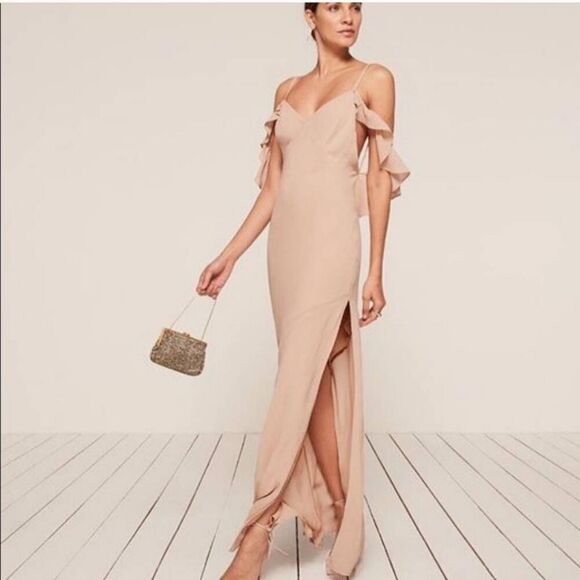Reformation‎ Ferrara Maxi Dress Sz 14 Champagne Ruffle Cold Shoulder Bridesmaid - Picture 11 of 14